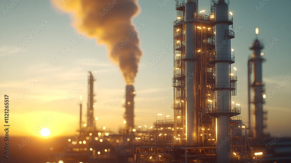 Fototapeta premium Sleek and modern industrial oil refinery with large petroleum tanks, pipes, and machinery, symbolising the energy sector and petroleum oil production in a high-tech environment