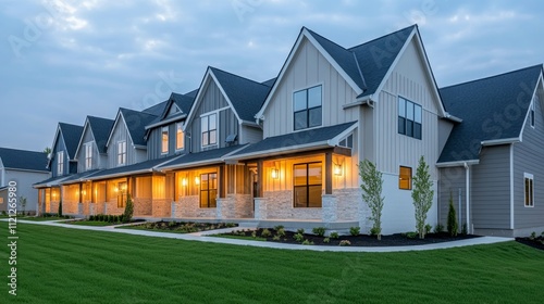 A row of modern townhouses with warm glowing lights is showcased at dusk, presenting a serene and inviting suburban atmosphere and contemporary architectural design.
