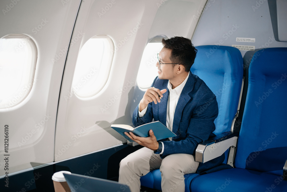 Fototapeta premium Young Asian executive excels in first class, multitasking with digital tablet, laptop and smartphone. Travel in style,