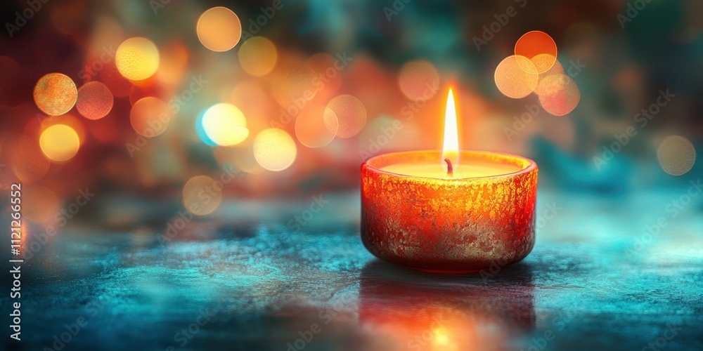 Warm glow of a single candle illuminating a serene space filled with soft colorful lights at night Warm glow of a single candle illuminating a serene space filled with soft colorful lights at night