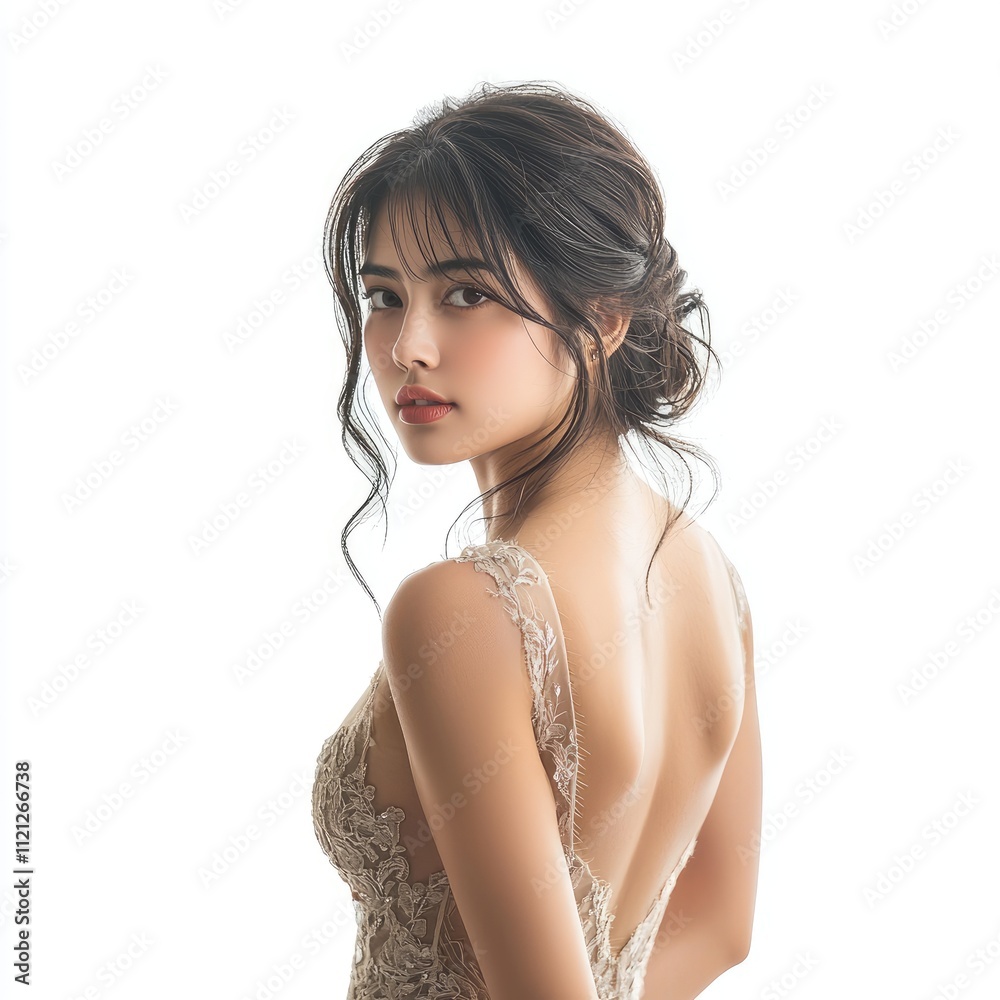 Elegant Portrait of a Bride with Intricate Lace Dress and Soft Natural Hair in Artistic Studio Lighting Elegant Portrait of a Bride with Intricate Lace Dress and Soft Natural Hair in Artistic Studio Lighting