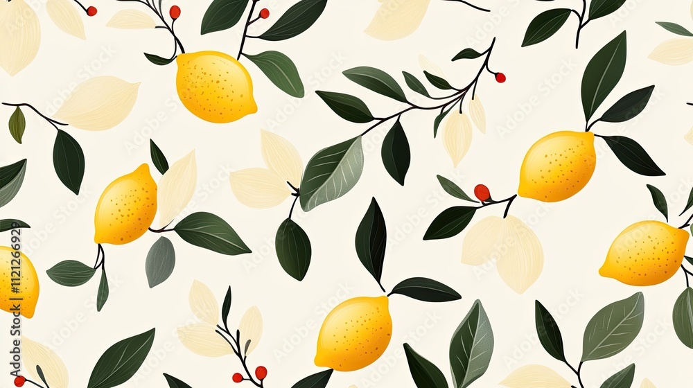 Vibrant Lemon and Leaf Pattern Design with Touches of Red Berries on Cream Background for Nature and Summer Themes Vibrant Lemon and Leaf Pattern Design with Touches of Red Berries on Cream Background for Nature and Summer Themes