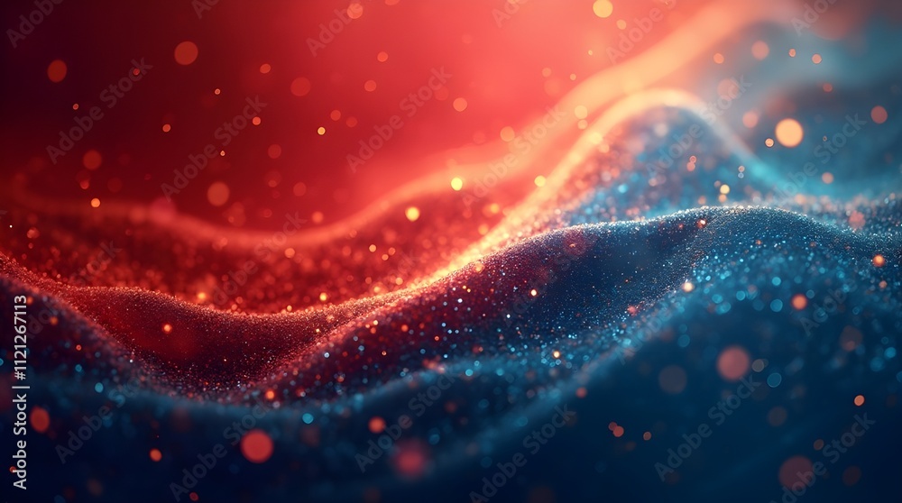 Abstract scene featuring dynamic waves illuminated by vibrant red and blue bokeh lights, creating a mesmerizing and dreamy visual effect. Ideal for imaginative and artistic backgrounds.