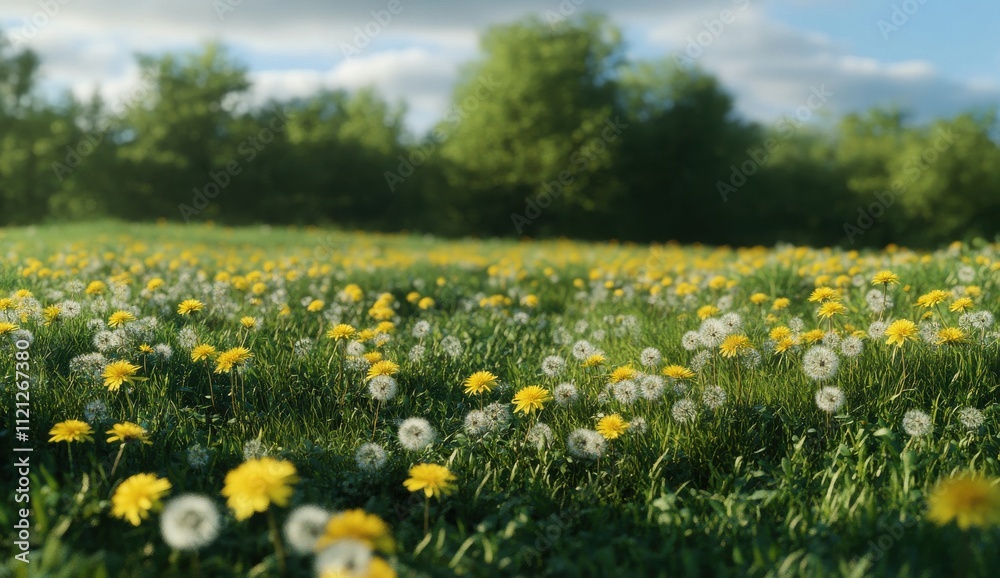 Vibrant Meadow Filled with Bright Yellow Dandelions and White Seed Heads Under a Clear Blue Sky Surrounded by Lush Green Trees in Early Spring Light Vibrant Meadow Filled with Bright Yellow Dandelions and White Seed Heads Under a Clear Blue Sky Surrounded by Lush Green Trees in Early Spring Light