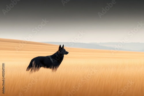 animal freedom, a lively german shepherd playing in golden fields, basking in boundless freedom under a vast, open sky photo