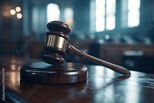 Wooden Gavel Rests on Sounding Block in Courtroom photo