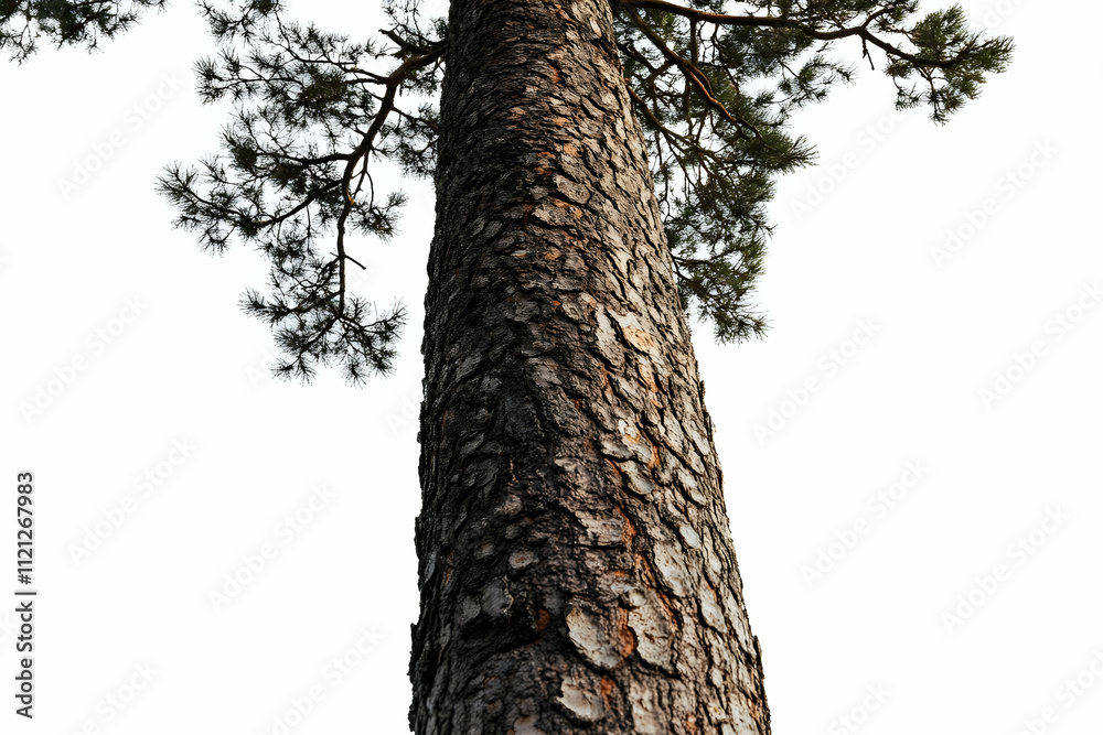 Fototapeta premium A close-up view of a tall tree trunk with textured bark and branches above.