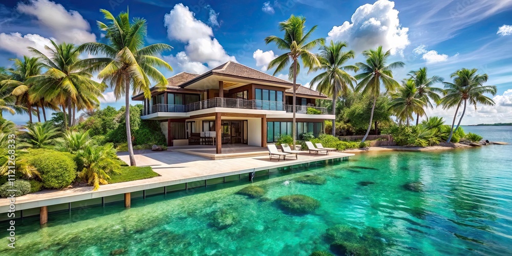 Fototapeta premium Luxury villa surrounded by palm trees and overlooking crystal clear waters , Tropical, Island, Villa, Luxury, Palm trees