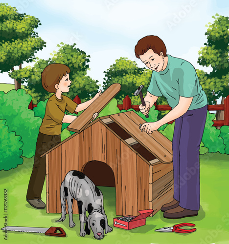 Little boy building a doghouse with his father.