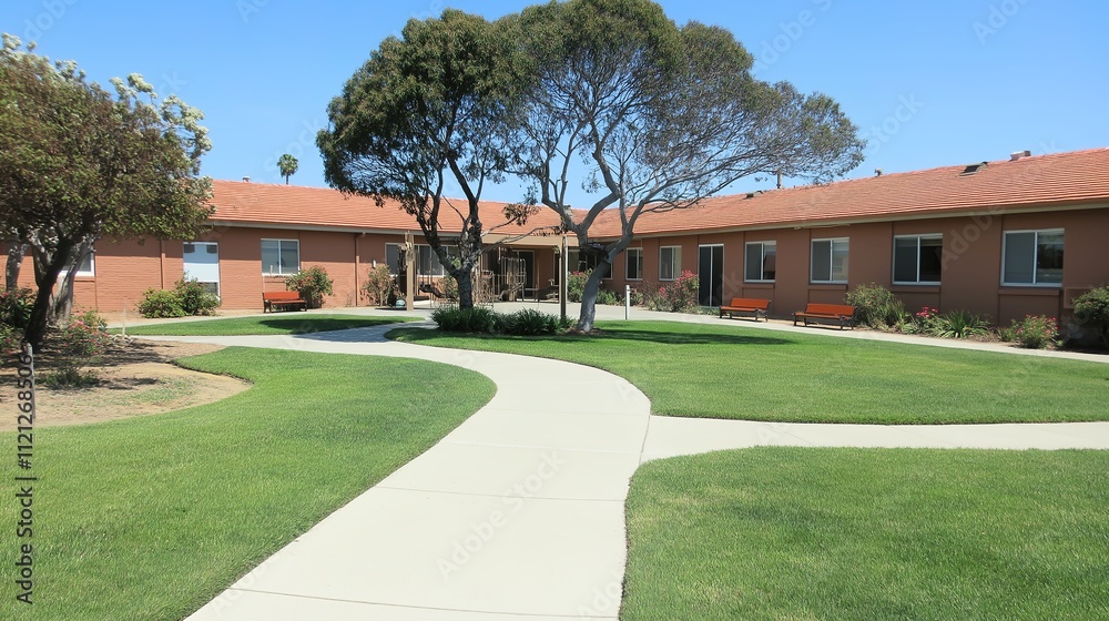 Senior care facility exterior with well-maintained garden and welcoming entrance. Emphasizing comfort and dignity in elderly living environments. Senior care facility exterior with well-maintained garden and welcoming entrance. Emphasizing comfort and dignity in elderly living environments.