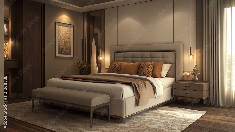Cozy modern bedroom with a spacious bed, soft textures, and elegant decor that creates a relaxing atmosphere for rest. Cozy modern bedroom with a spacious bed, soft textures, and elegant decor that creates a relaxing atmosphere for rest.