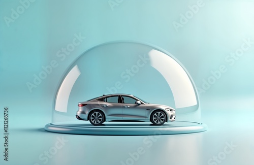 Silver car protected inside glass dome. Modern vehicle shielded from potential damage. Concept of auto insurance vehicle protection. Studio setting on pastel background. Illustration suitable for
