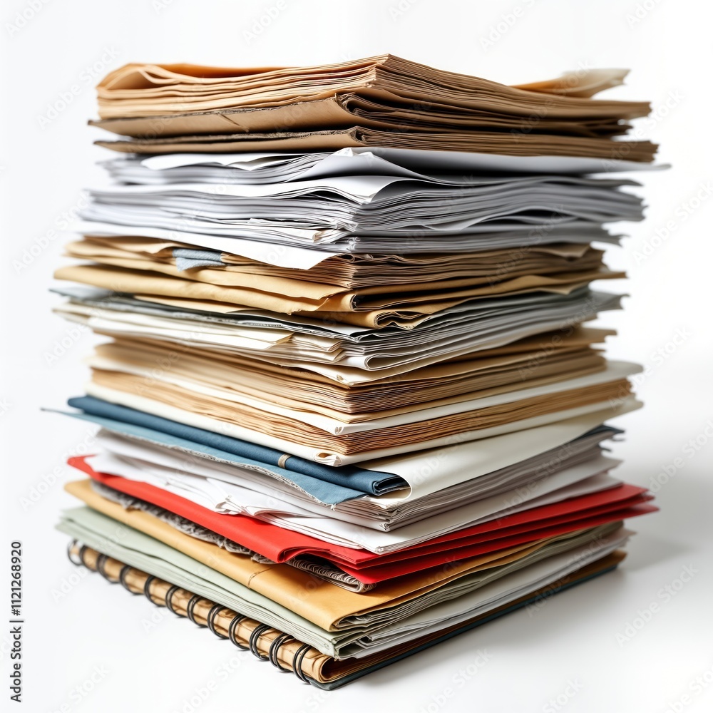 High stack of documents, files. Unorganized papers form large pile. Documents various sizes, colors. Papers piled on top of. Spiral notebook sits at bottom of stack. Large amount of documents. High stack of documents, files. Unorganized papers form large pile. Documents various sizes, colors. Papers piled on top of. Spiral notebook sits at bottom of stack. Large amount of documents.