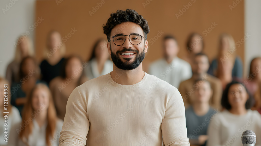 Public speaking: An individual confidently presenting to an audience, standing at a podium with a microphone, showcasing effective communication and leadership skills Public speaking: An individual confidently presenting to an audience, standing at a podium with a microphone, showcasing effective communication and leadership skills