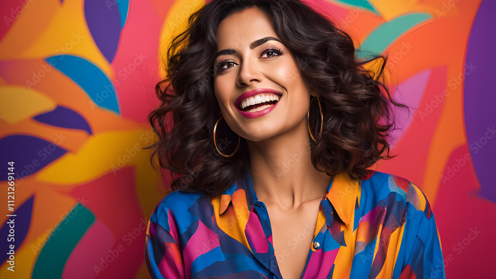 This captivating studio portrait highlights a stunning Hispanic woman with a diastema, embodying a contemporary and distinctive style as she poses against a colorful backdrop This captivating studio portrait highlights a stunning Hispanic woman with a diastema, embodying a contemporary and distinctive style as she poses against a colorful backdrop