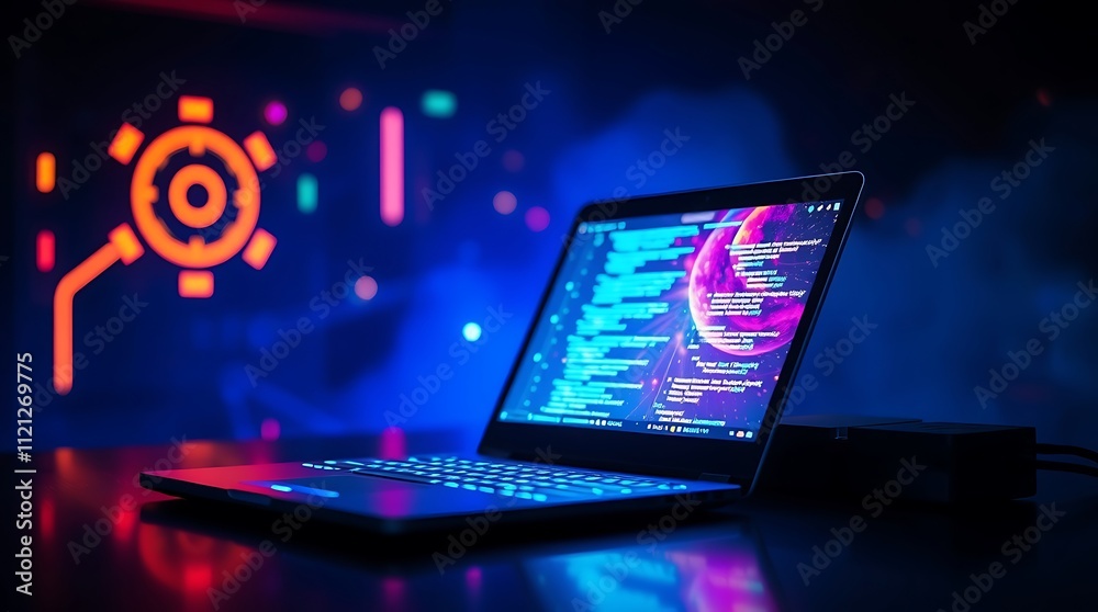 Fototapeta premium Cyberpunk Coding: Sleek laptop displays vibrant code against a futuristic, neon-lit backdrop. A captivating image for tech, gaming, and coding projects.