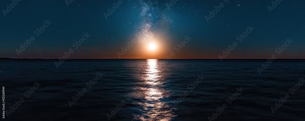 Fototapeta premium 海に映る美しい月明かりと星空の風景