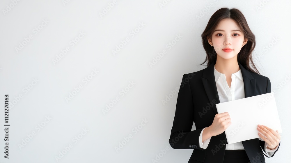 A professional woman holding a blank document in a corporate setting. A professional woman holding a blank document in a corporate setting.