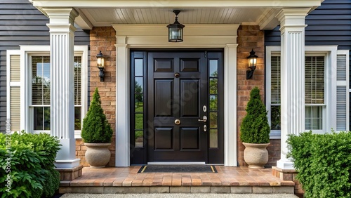 Large house with a black front door and doorbell, house, black, front door, doorbell, home, entrance, exterior