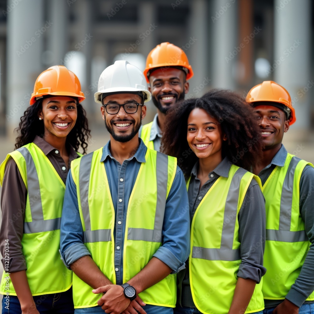 Diverse civil engineering team poses on construction site. Multicultural professionals wear safety vests, hard hats. Group looks happy, collaborative. Appear to planning infrastructure project. Diverse civil engineering team poses on construction site. Multicultural professionals wear safety vests, hard hats. Group looks happy, collaborative. Appear to planning infrastructure project.