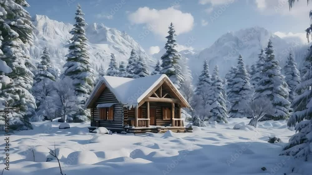 Cozy wooden cabin nestled in a snowy mountain landscape. Cozy wooden cabin nestled in a snowy mountain landscape.