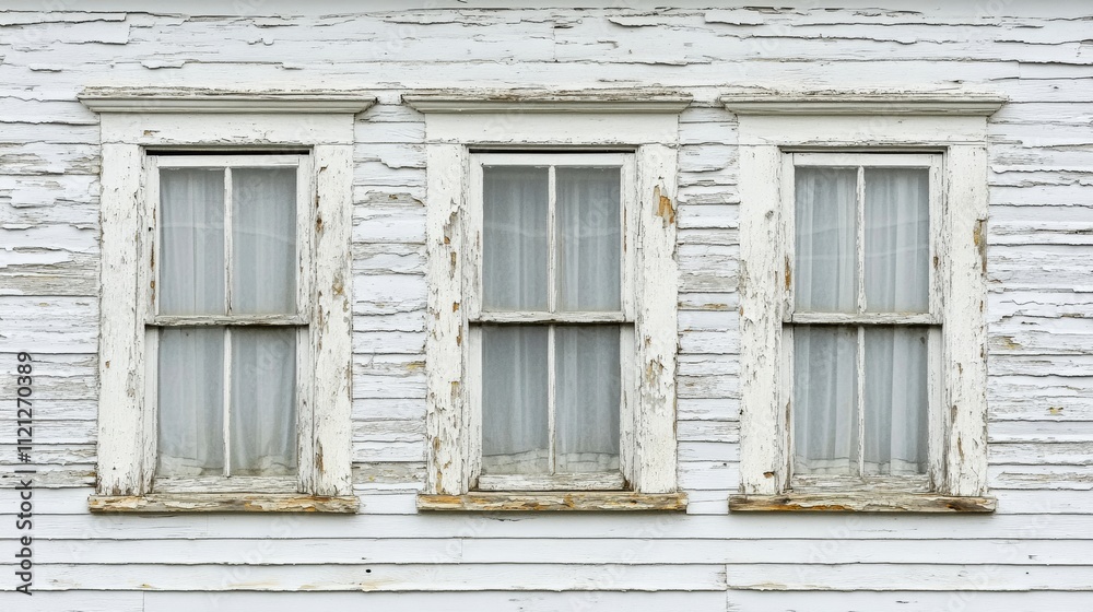 An image capturing three antique wooden-framed windows on a weathered, white-painted wall with peeling paint, showcasing architectural charm of bygone eras. An image capturing three antique wooden-framed windows on a weathered, white-painted wall with peeling paint, showcasing architectural charm of bygone eras.