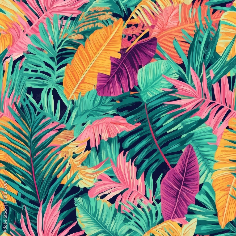 Seamless pattern of vibrant jungle of tropical leaves and bright colors creating an energetic atmosphere in a lush botanical garden setting Seamless pattern of vibrant jungle of tropical leaves and bright colors creating an energetic atmosphere in a lush botanical garden setting