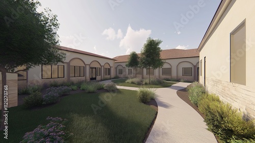 Senior care facility exterior with well-maintained garden and welcoming entrance. Emphasizing comfort and dignity in elderly living environments.