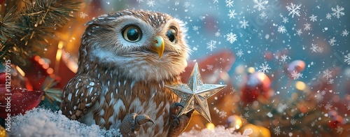 A white owl stands on a decorative pedestal, holding a glowing star in its claws. Snowflakes gently fall, and the environment is rich with red and gold tones. photo