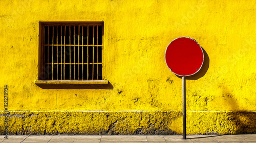 A vibrant yellow wall features a barred window and a striking red circular sign, creating a vivid contrast and an urban architectural composition. photo