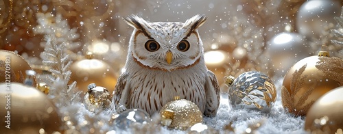 Inside a glittering snow globe, a fluffy owl perches on a branch surrounded by miniature ornaments and snowflakes. A glowing golden base enhances the charm. photo