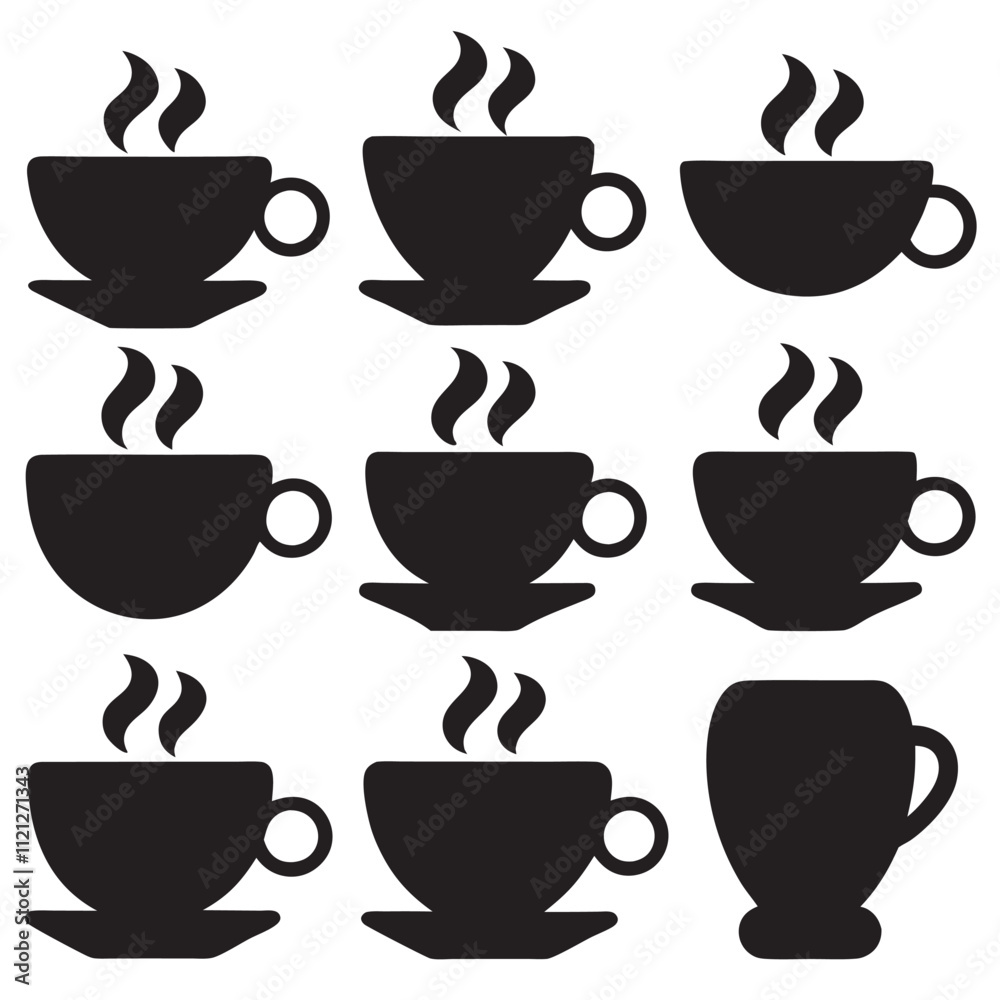 Obraz premium A grid of black silhouette coffee cups in various shapes and designs