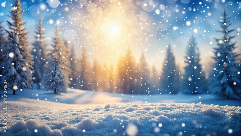 Naklejka premium Snowfall in a winter landscape with blurred background and bokeh effects, Snow, winter, landscape, background, bokeh, effects