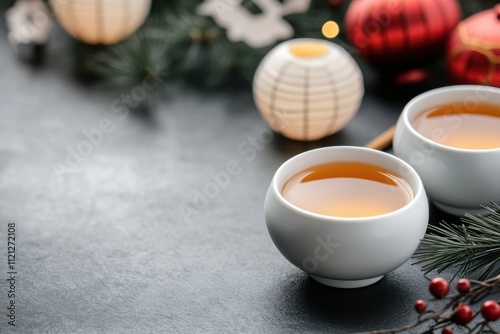 chinese new year display, baijiu served in stylish ceramic cups on a decorated table for a festive new year celebration with lanterns and papercuts photo