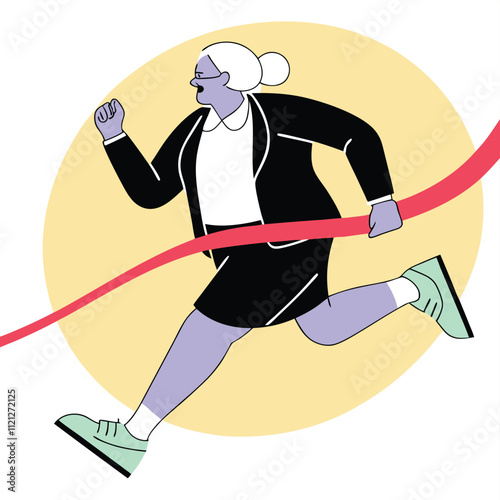 Vector illustration of an elderly man running at the finish line in flat style