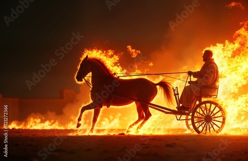 Fiery chariot pulled by flaming horse. Person in carriage. Divine transport. Prophetic power. Sacred image. Spiritual. Faith. Holy. Worship. Ancient scene. Biblical scene. Burning horse. Dramatic. photo