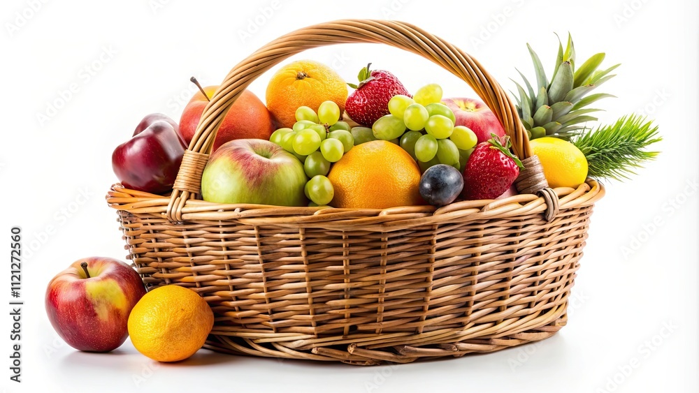 Fresh fruit wicker basket over isolated background, fruits, healthy, organic, natural, colorful, delicious, vibrant Fresh fruit wicker basket over isolated background, fruits, healthy, organic, natural, colorful, delicious, vibrant