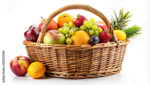 Fresh fruit wicker basket over isolated background, fruits, healthy, organic, natural, colorful, delicious, vibrant