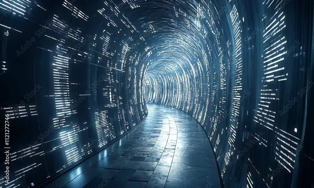 Futuristic tunnel with glowing data streams on walls and floor.