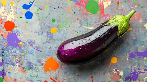 Aubergine with colorful paint splatters behind it photo