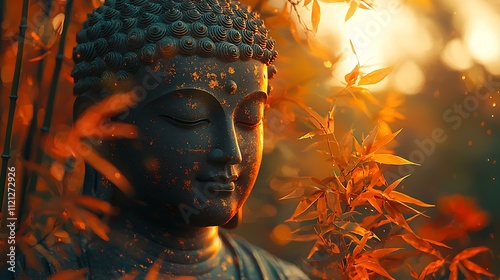 Peaceful Buddha effigy surrounded by tall bamboo shoots and golden light