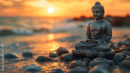 Peaceful Buddha figure overlooking a sunset landscape with golden reflections on water photo