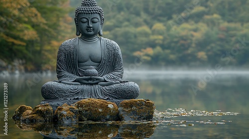 Buddha image reflected perfectly in a still lake with lush greenery