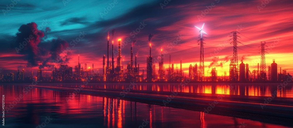 A silhouette of a city with tall buildings and smokestacks at sunset with a bright red sky and water reflecting the colors. A silhouette of a city with tall buildings and smokestacks at sunset with a bright red sky and water reflecting the colors.