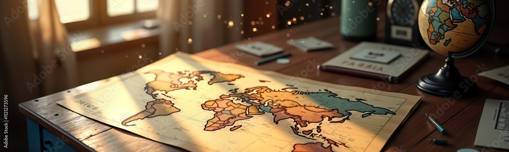 Dusty sunlight dances over old world map on cluttered travel agents table. Vintage map shows details of countries. Travel supplies, planner on table too. Globe sits nearby. Explore world through Dusty sunlight dances over old world map on cluttered travel agents table. Vintage map shows details of countries. Travel supplies, planner on table too. Globe sits nearby. Explore world through