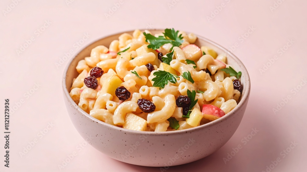 Sweet macaroni salad with diced apples and raisins, served in a stoneware dish, isolated on a pale pink background Sweet macaroni salad with diced apples and raisins, served in a stoneware dish, isolated on a pale pink background
