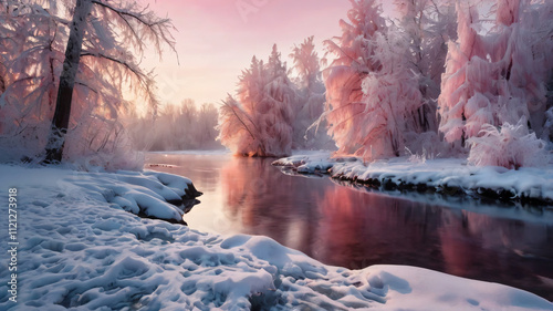 Сhristmas Lace.Winter landscape in pink tones with hoarfrost everywhere.Surrounded by trees covered with hoarfrost and snow that falls on a beautiful pink morning
