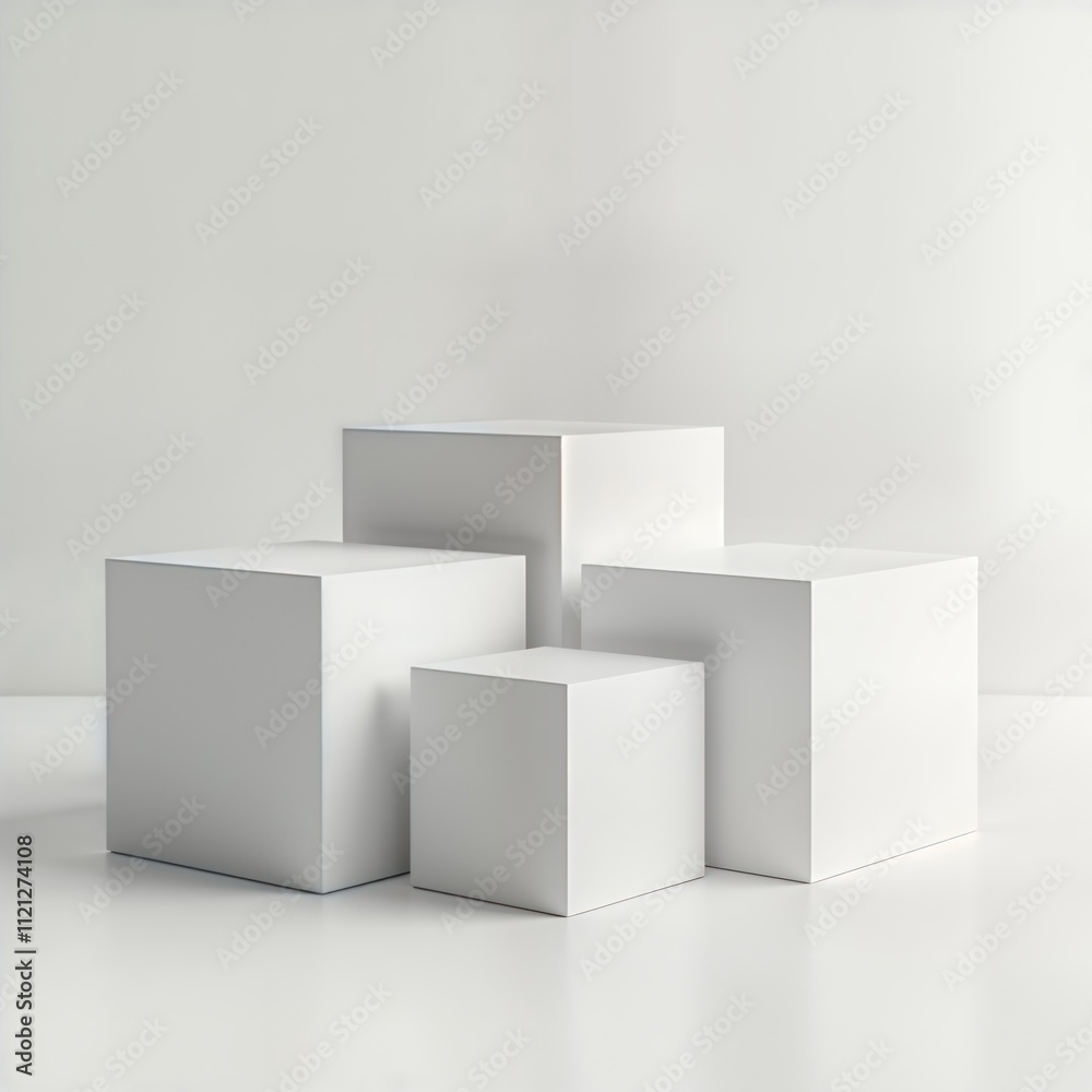Four white cubes on white background form simple modern display. Minimalist presentation showcase. Clean design, empty copy space. Perfect for product presentation photo backdrop. Contemporary Four white cubes on white background form simple modern display. Minimalist presentation showcase. Clean design, empty copy space. Perfect for product presentation photo backdrop. Contemporary