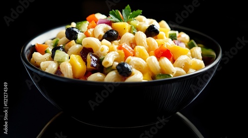 Sweet macaroni salad with vibrant fruit and vegetable toppings, isolated on a reflective black surface for dramatic lighting