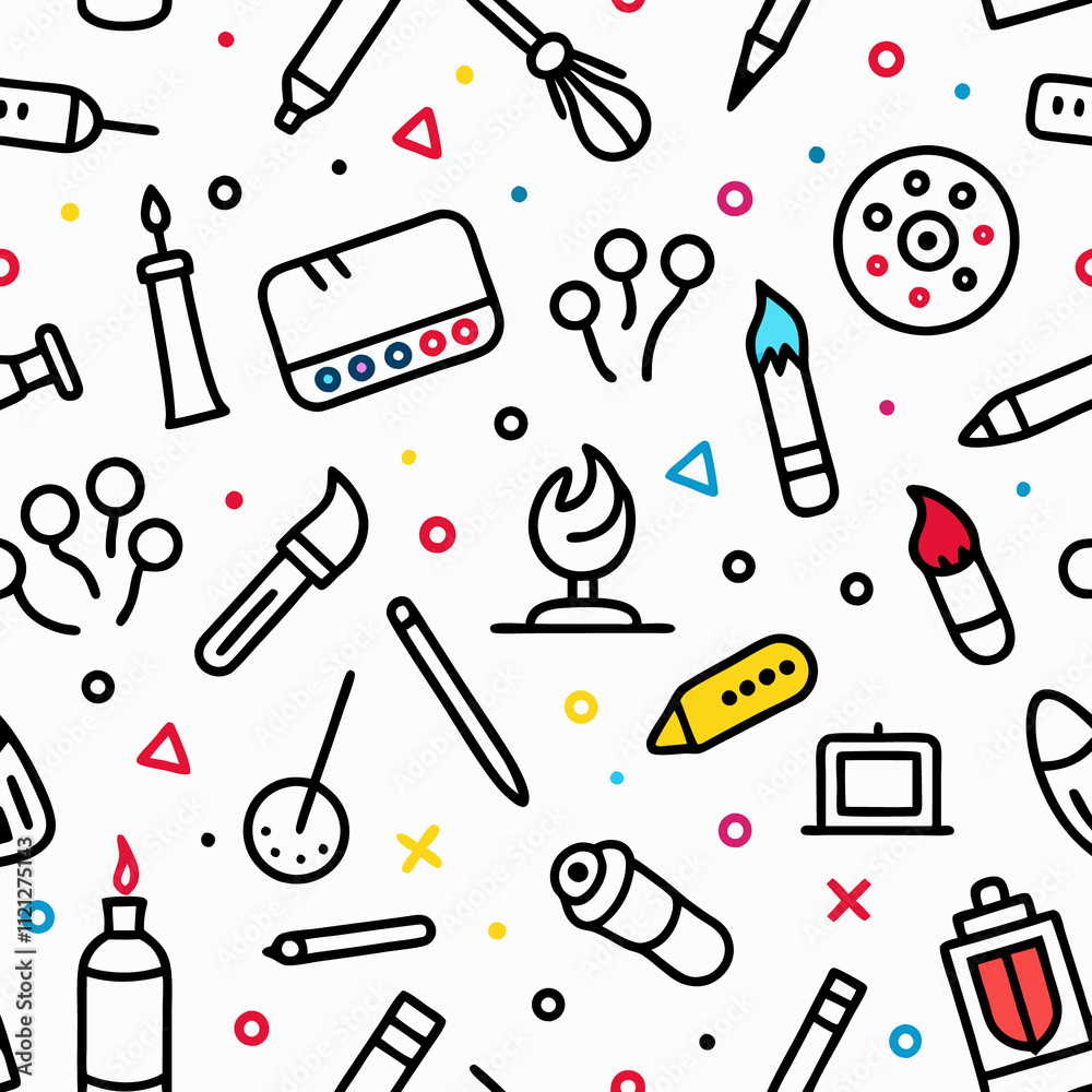 Seamless pattern of colorful art supplies icons. Seamless pattern of colorful art supplies icons.